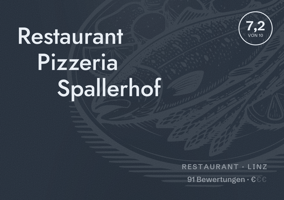 Illustriertes Poster von Restaurant Pizzeria Spallerhof, Restaurant in Linz: Bewertung 7,2 von 10 aus 91 Bewertungen, Preisniveau €