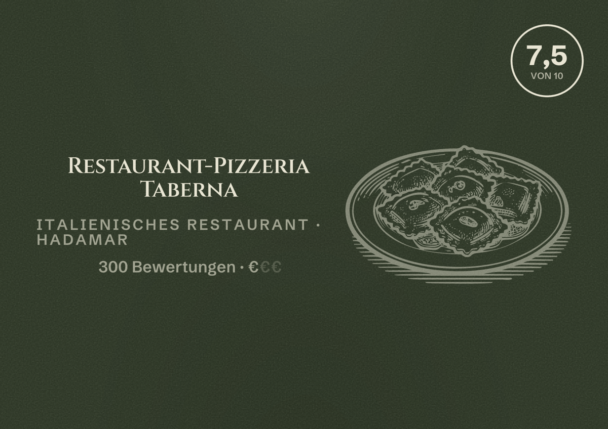Illustriertes Poster von Restaurant-Pizzeria Taberna, Italienisches Restaurant in Hadamar: Bewertung 7,5 von 10 aus 300 Bewertungen, Preisniveau €