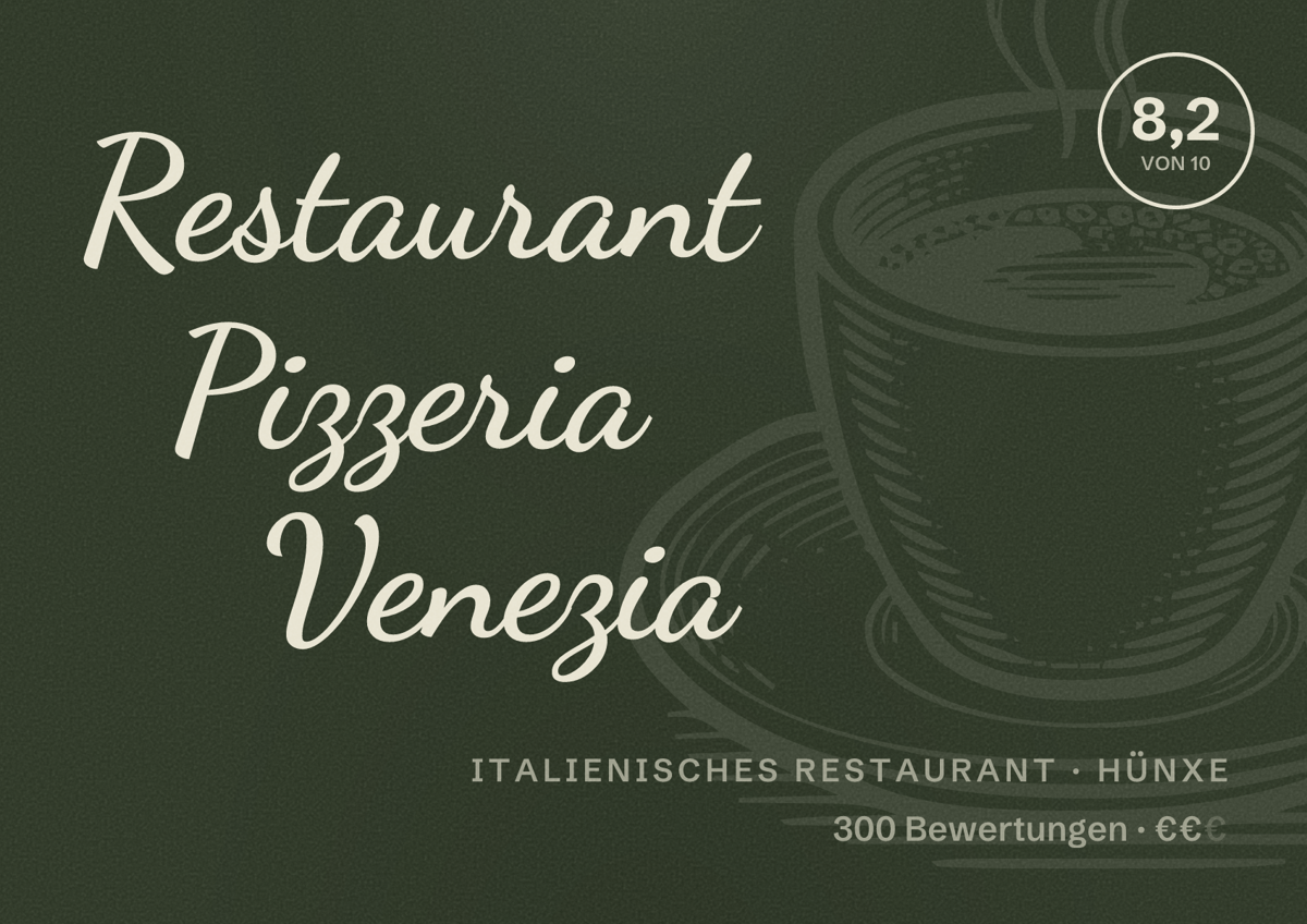 Illustriertes Poster von Restaurant Pizzeria Venezia, Italienisches Restaurant in Hünxe: Bewertung 8,2 von 10 aus 300 Bewertungen, Preisniveau €€