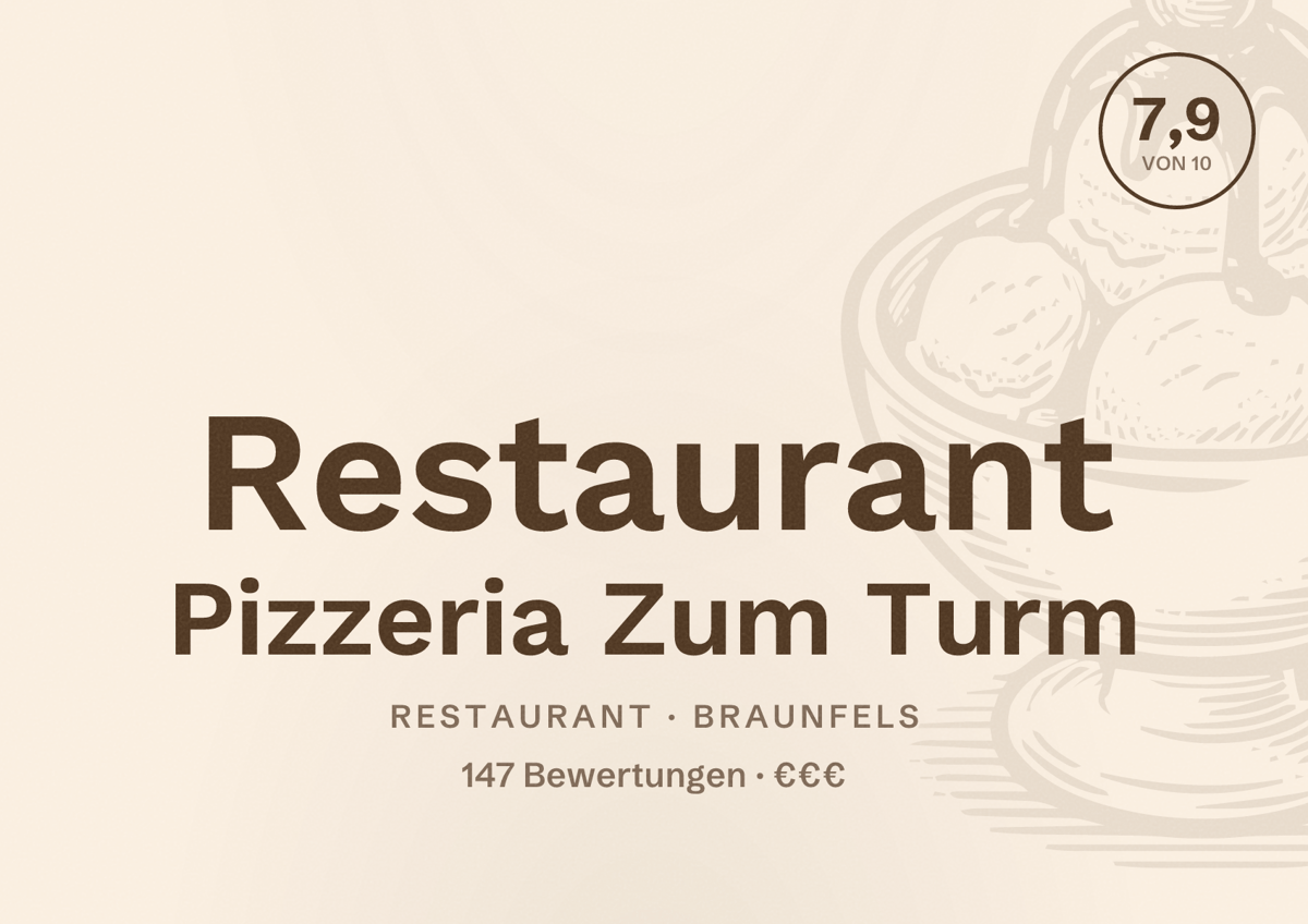 Illustriertes Poster von Restaurant Pizzeria Zum Turm, Restaurant in Braunfels: Bewertung 7,9 von 10 aus 147 Bewertungen, Preisniveau €€€