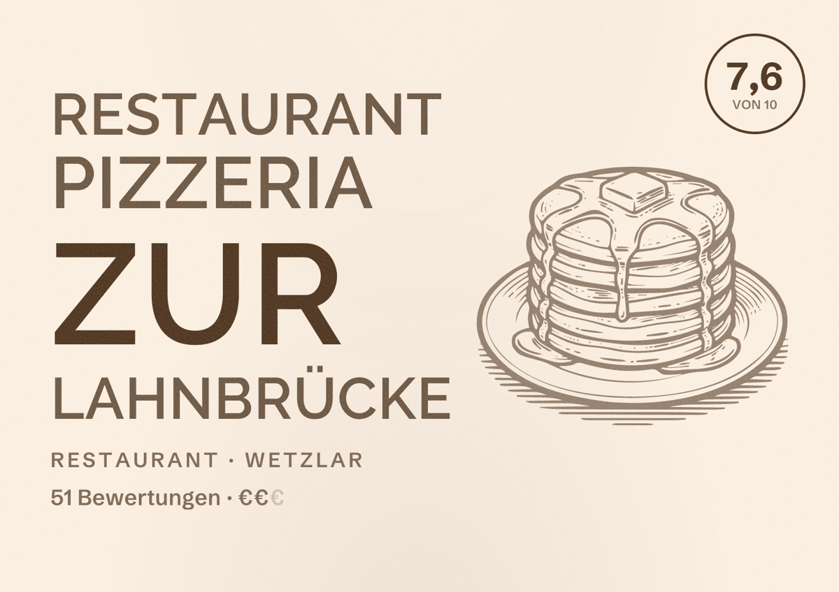 Illustriertes Poster von Restaurant Pizzeria Zur Lahnbrücke, Restaurant in Wetzlar: Bewertung 7,6 von 10 aus 51 Bewertungen, Preisniveau €€