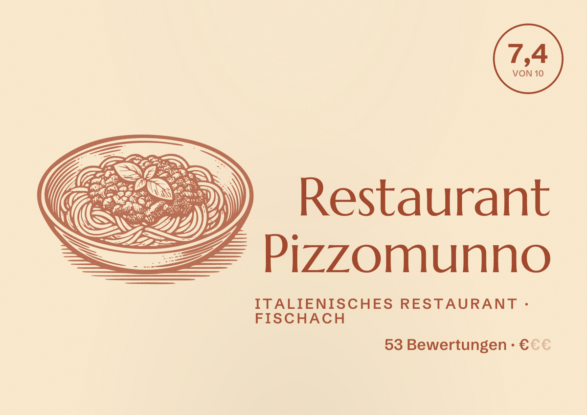 Illustriertes Poster von Restaurant Pizzomunno, Italienisches Restaurant in Fischach: Bewertung 7,4 von 10 aus 53 Bewertungen, Preisniveau €