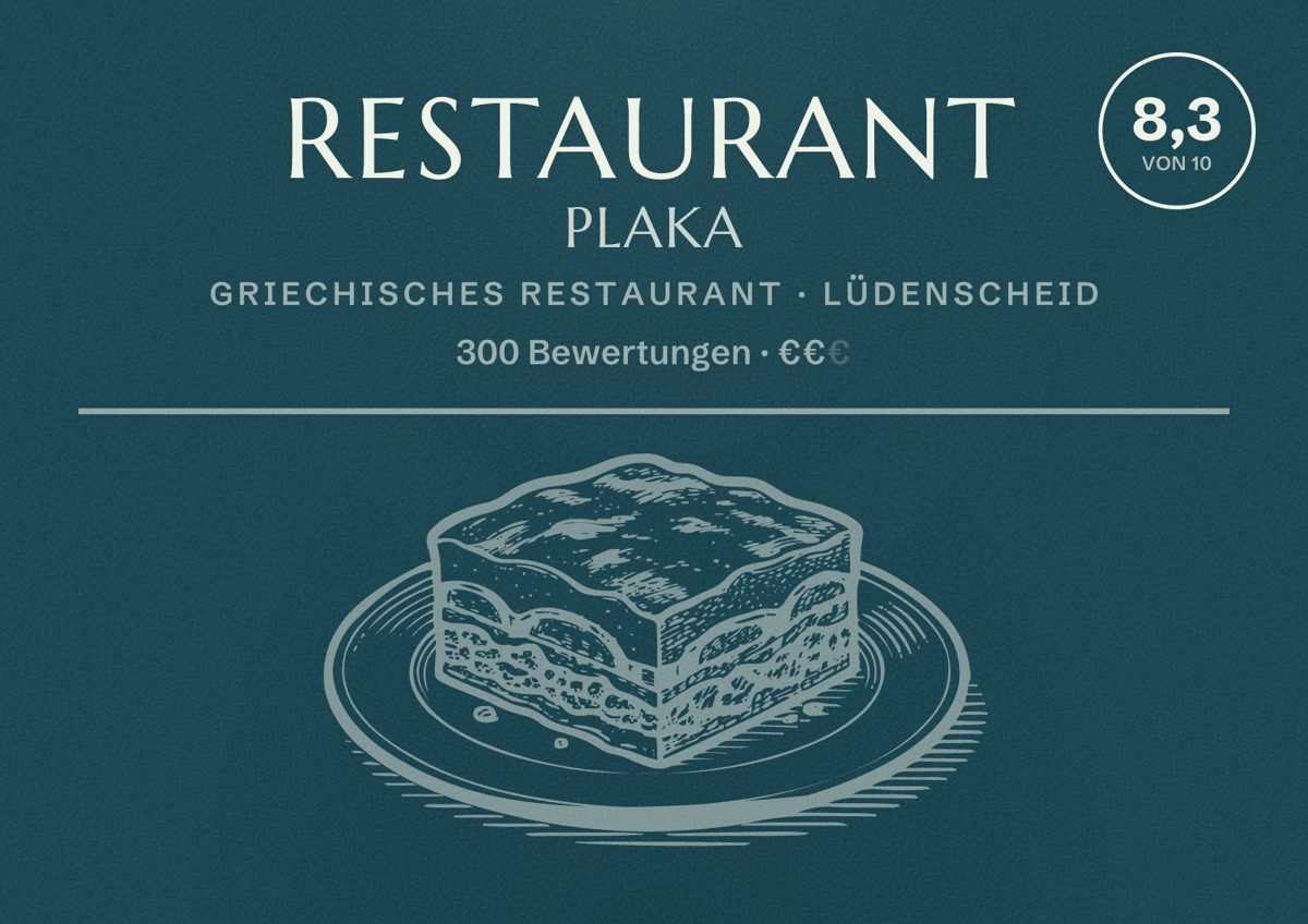 Illustriertes Poster von Restaurant Plaka, Griechisches Restaurant in Lüdenscheid: Bewertung 8,3 von 10 aus 300 Bewertungen, Preisniveau €€