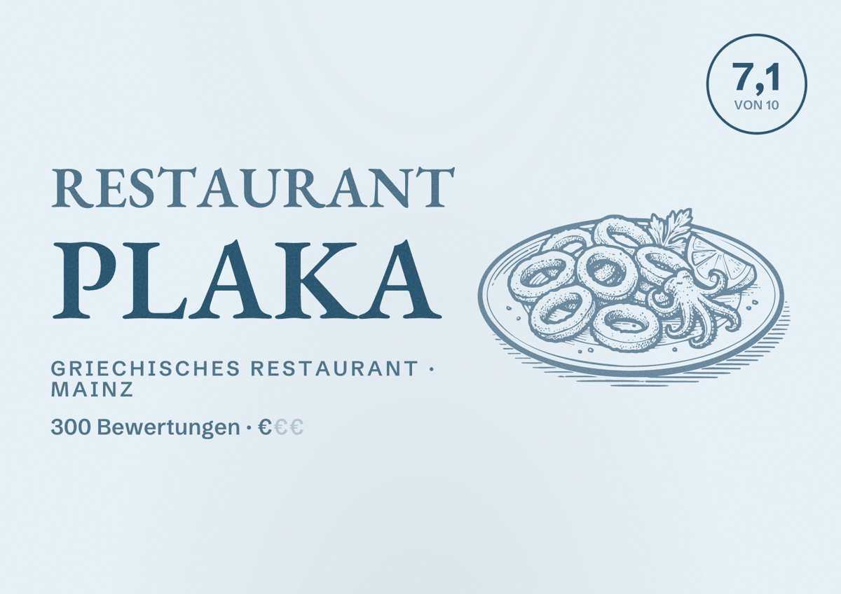 Illustriertes Poster von Restaurant Plaka, Griechisches Restaurant in Mainz: Bewertung 7,1 von 10 aus 300 Bewertungen, Preisniveau €
