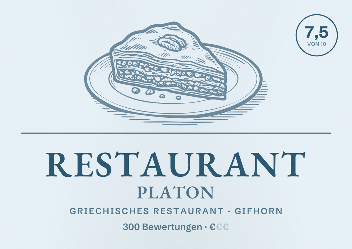 Illustriertes Poster von Restaurant Platon, Griechisches Restaurant in Gifhorn: Bewertung 7,5 von 10 aus 300 Bewertungen, Preisniveau €