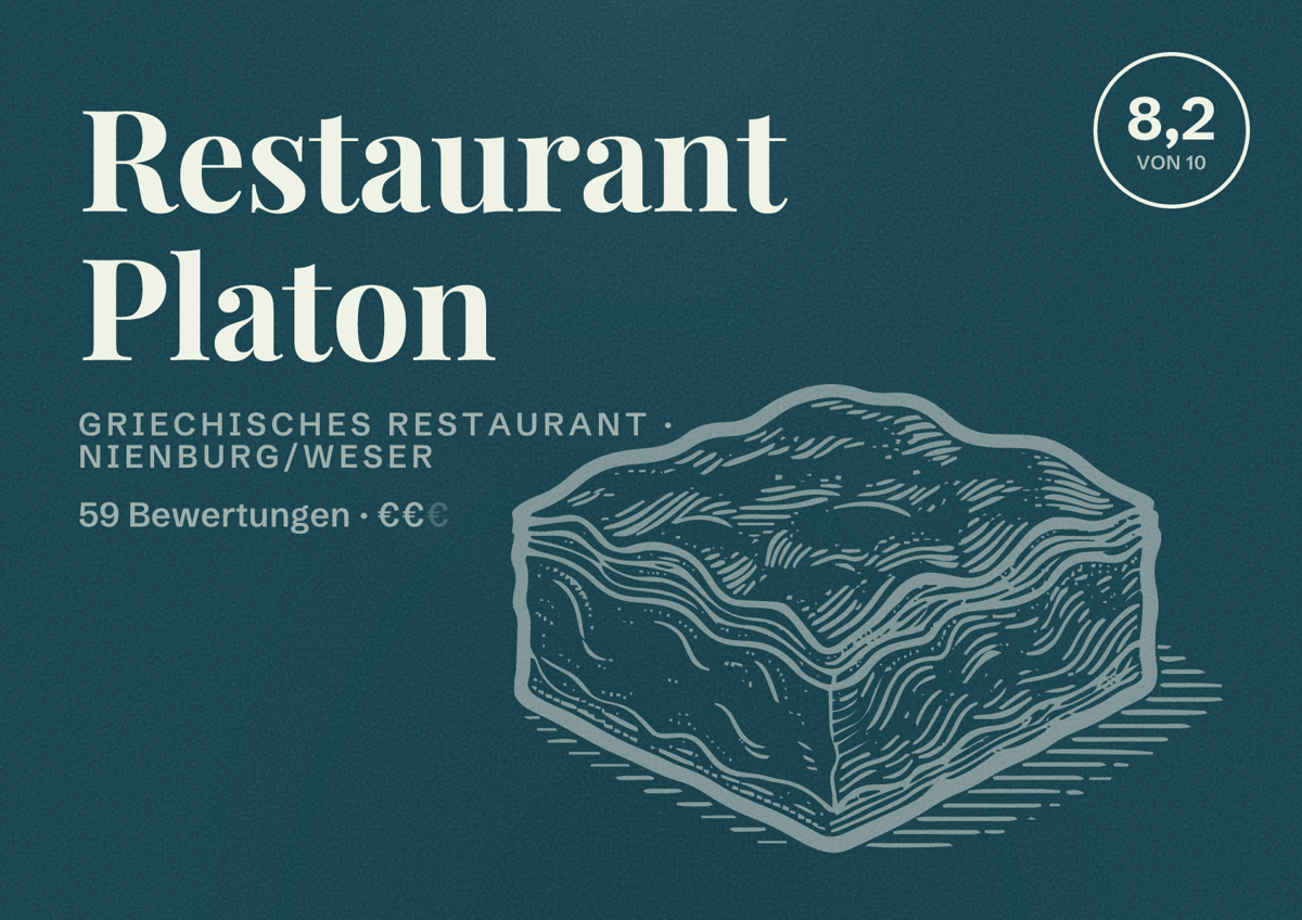 Illustriertes Poster von Restaurant Platon, Griechisches Restaurant in Nienburg/Weser: Bewertung 8,2 von 10 aus 59 Bewertungen, Preisniveau €€