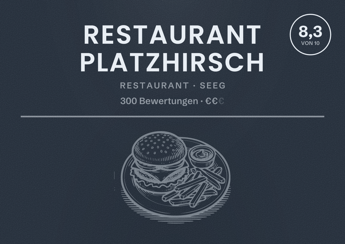 Illustriertes Poster von Restaurant Platzhirsch, Restaurant in Seeg: Bewertung 8,3 von 10 aus 300 Bewertungen, Preisniveau €€