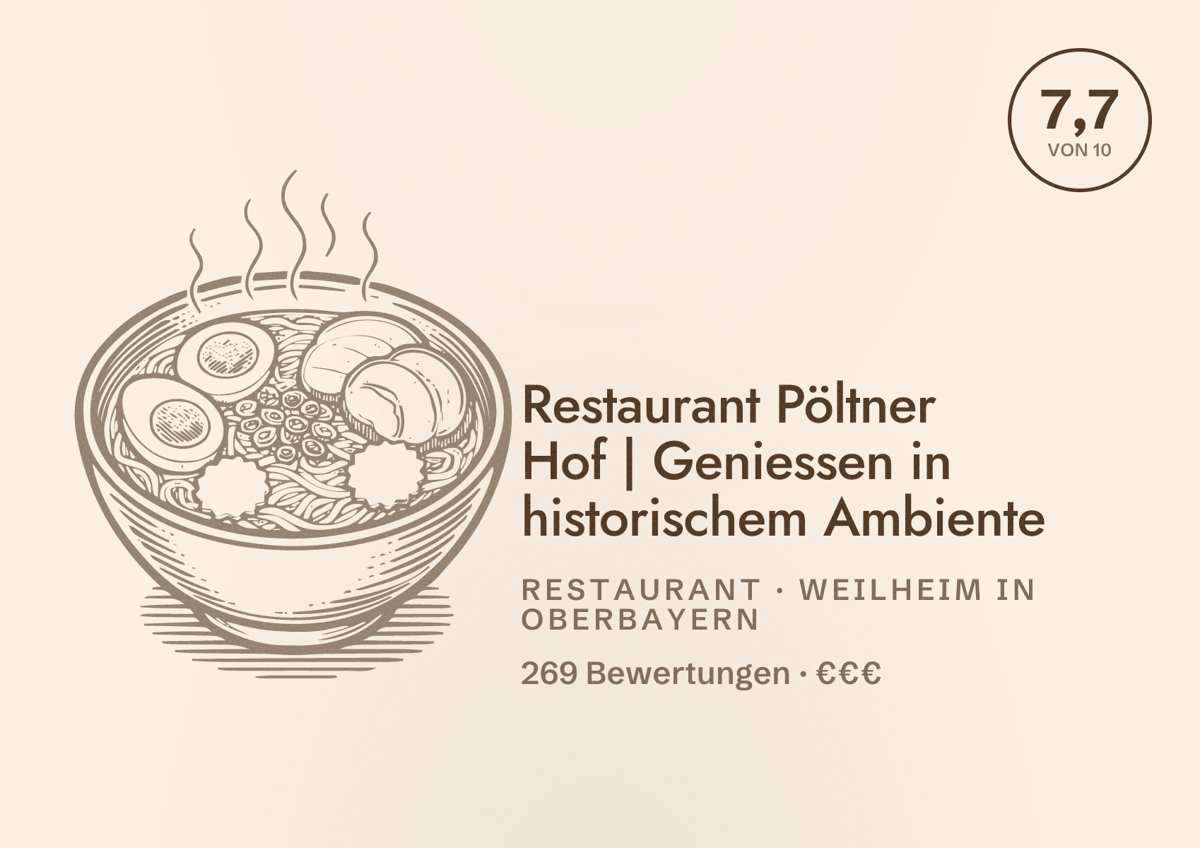 Illustriertes Poster von Restaurant Pöltner Hof | Geniessen in historischem Ambiente, Restaurant in Weilheim in Oberbayern: Bewertung 7,7 von 10 aus 269 Bewertungen, Preisniveau €€€