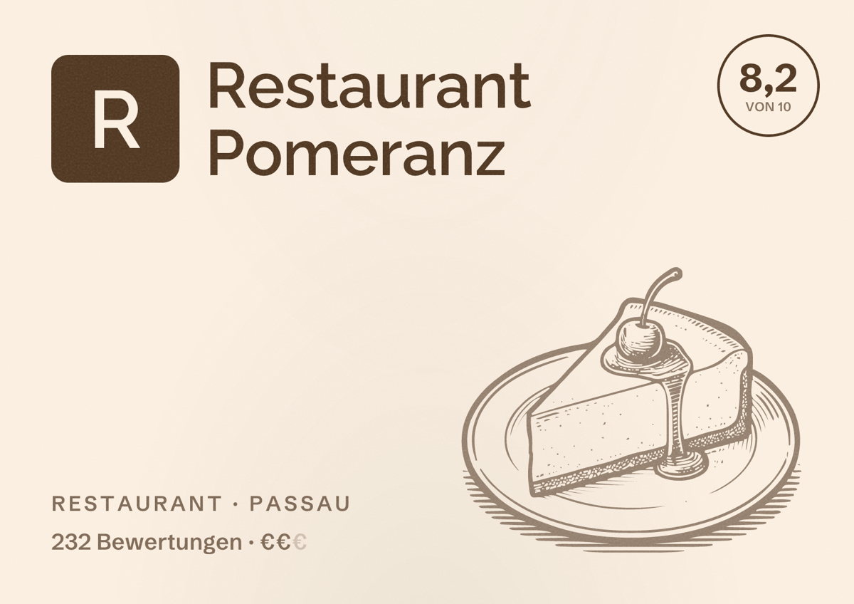 Illustriertes Poster von Restaurant Pomeranz, Restaurant in Passau: Bewertung 8,2 von 10 aus 232 Bewertungen, Preisniveau €€