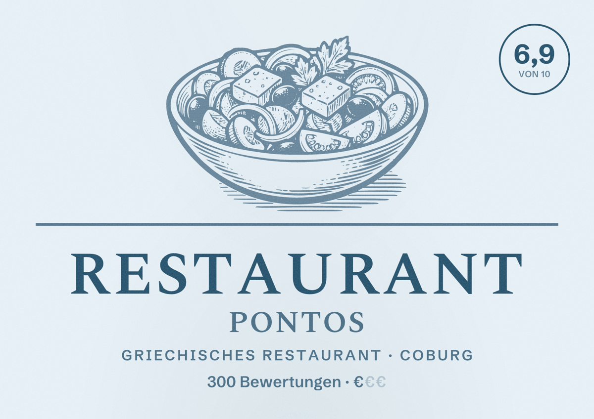 Illustriertes Poster von Restaurant Pontos, Griechisches Restaurant in Coburg: Bewertung 6,9 von 10 aus 300 Bewertungen, Preisniveau €