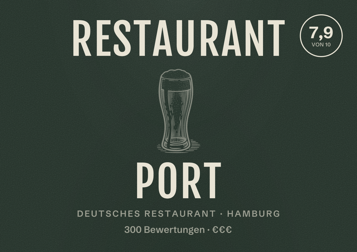 Illustriertes Poster von Restaurant Port, Deutsches Restaurant in Hamburg: Bewertung 7,9 von 10 aus 300 Bewertungen, Preisniveau €€€