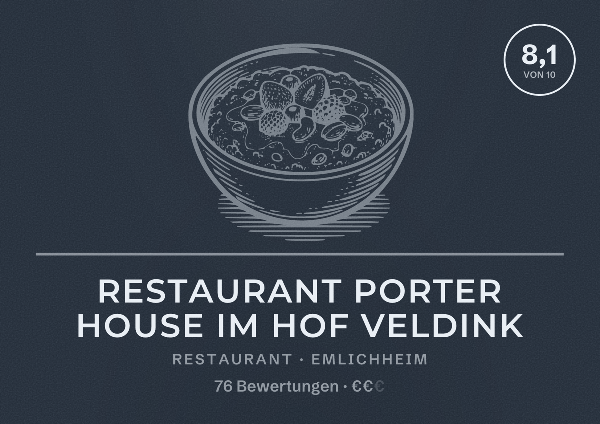 Illustriertes Poster von Restaurant Porter House im Hof Veldink, Restaurant in Emlichheim: Bewertung 8,1 von 10 aus 76 Bewertungen, Preisniveau €€