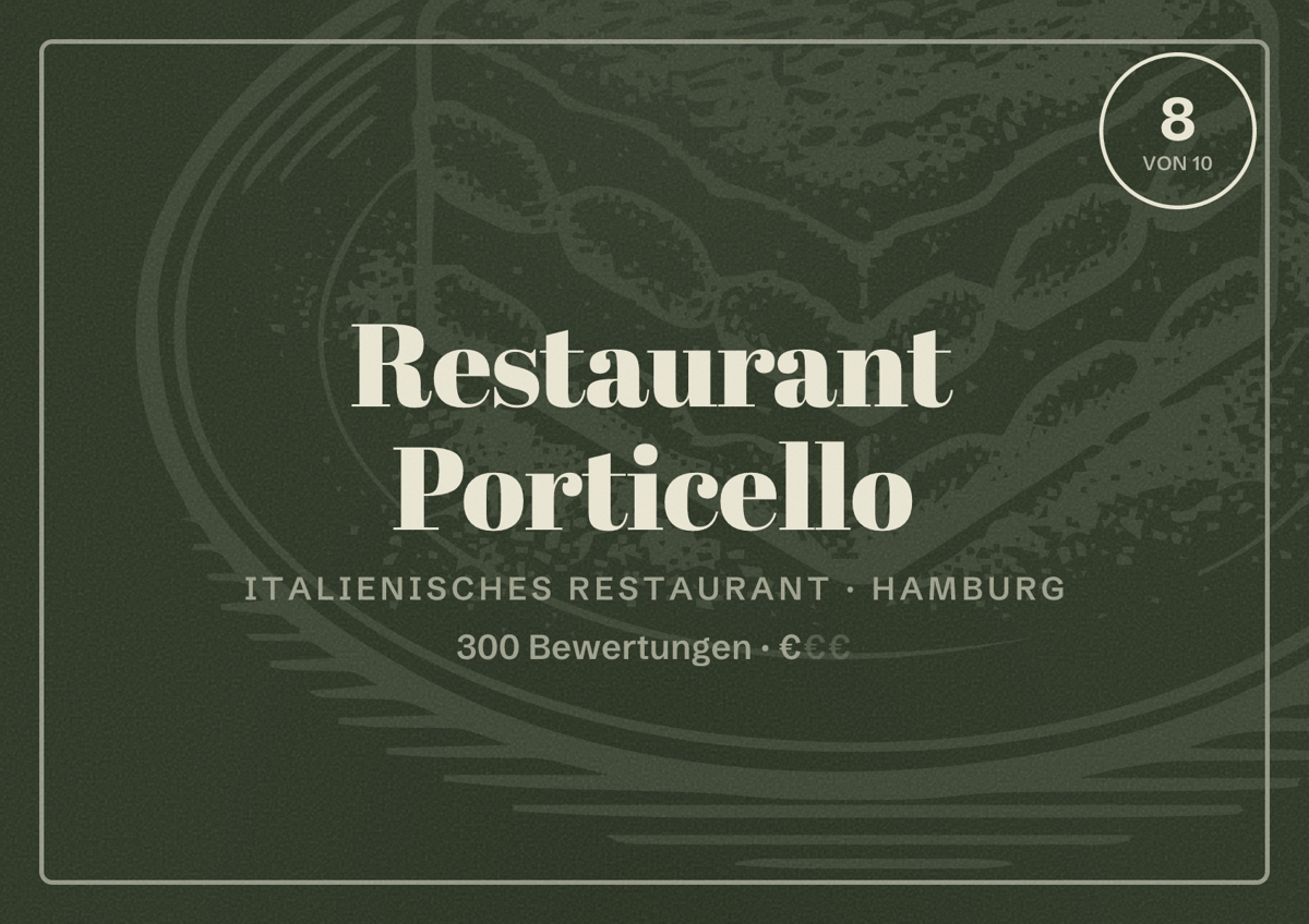 Illustriertes Poster von Restaurant Porticello, Italienisches Restaurant in Hamburg: Bewertung 8,0 von 10 aus 300 Bewertungen, Preisniveau €