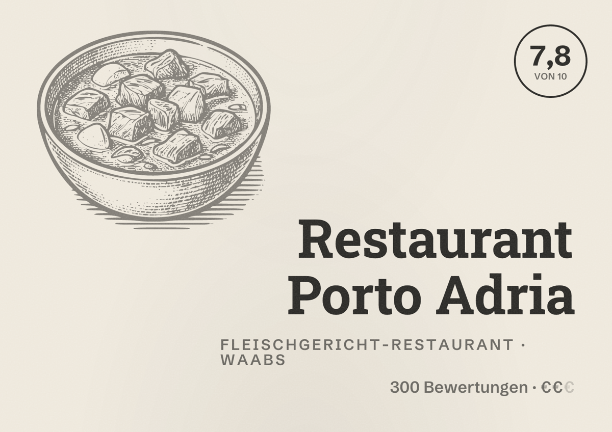 Illustriertes Poster von Restaurant Porto Adria, Fleischgericht-Restaurant in Waabs: Bewertung 7,8 von 10 aus 300 Bewertungen, Preisniveau €€