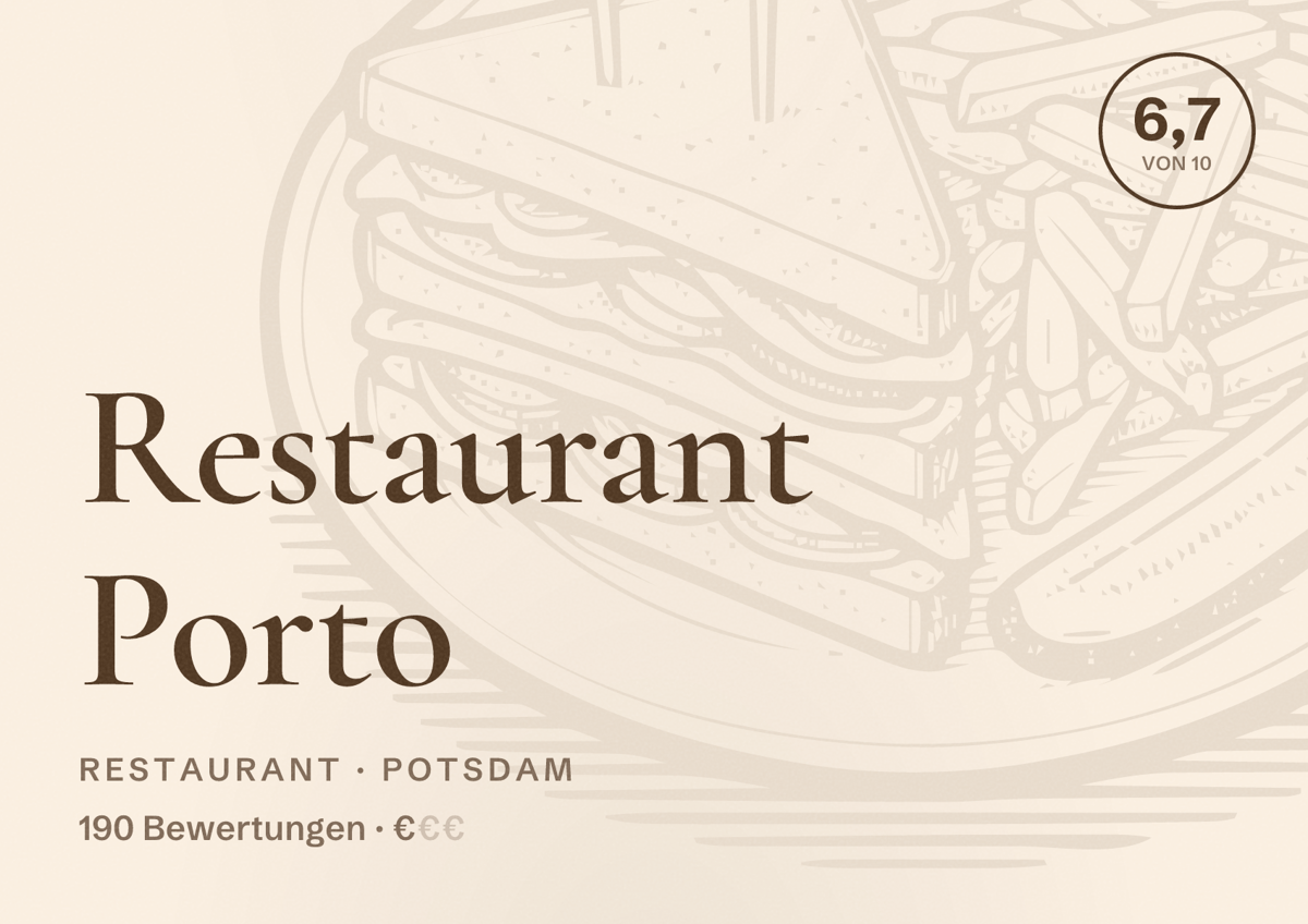 Illustriertes Poster von Restaurant Porto, Restaurant in Potsdam: Bewertung 6,7 von 10 aus 190 Bewertungen, Preisniveau €