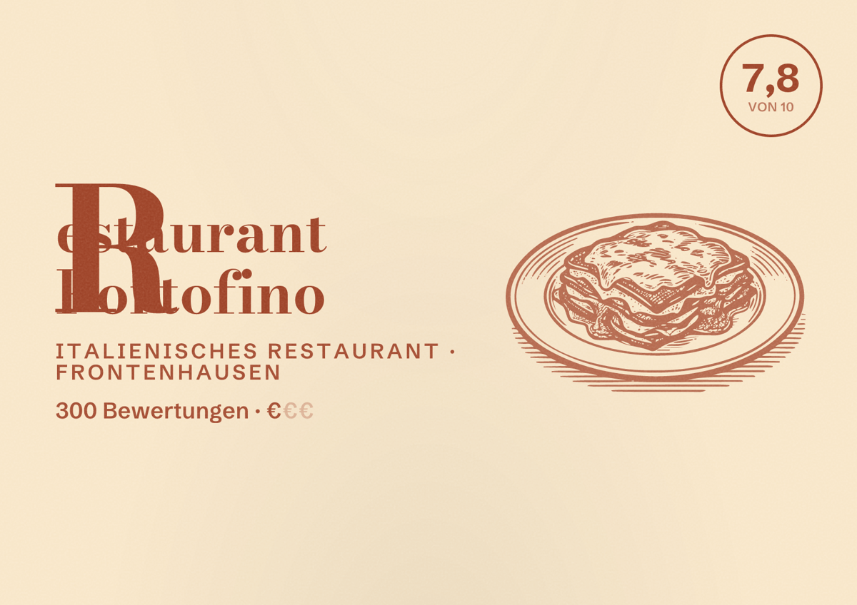 Illustriertes Poster von Restaurant Portofino, Italienisches Restaurant in Frontenhausen: Bewertung 7,8 von 10 aus 300 Bewertungen, Preisniveau €