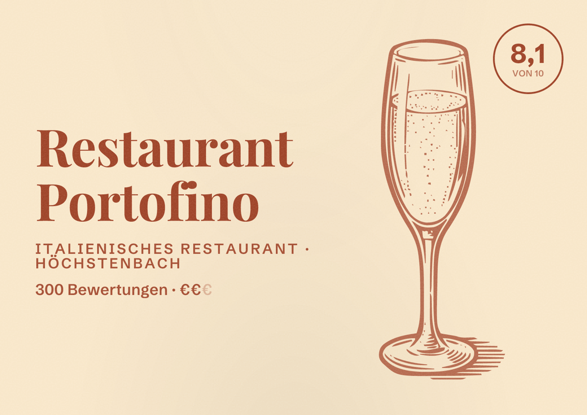 Illustriertes Poster von Restaurant Portofino, Italienisches Restaurant in Höchstenbach: Bewertung 8,1 von 10 aus 300 Bewertungen, Preisniveau €€