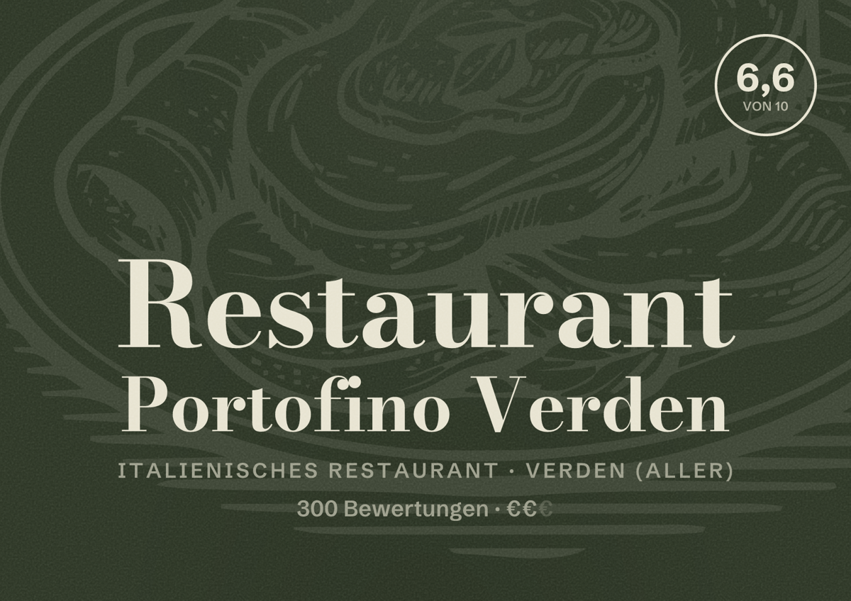 Illustriertes Poster von Restaurant Portofino Verden, Italienisches Restaurant in Verden (Aller): Bewertung 6,6 von 10 aus 300 Bewertungen, Preisniveau €€