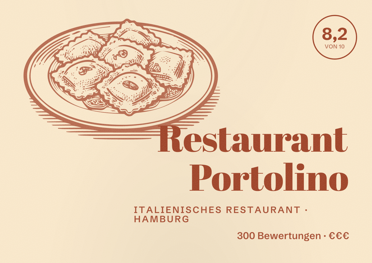 Illustriertes Poster von Restaurant Portolino, Italienisches Restaurant in Hamburg: Bewertung 8,2 von 10 aus 300 Bewertungen, Preisniveau €€€