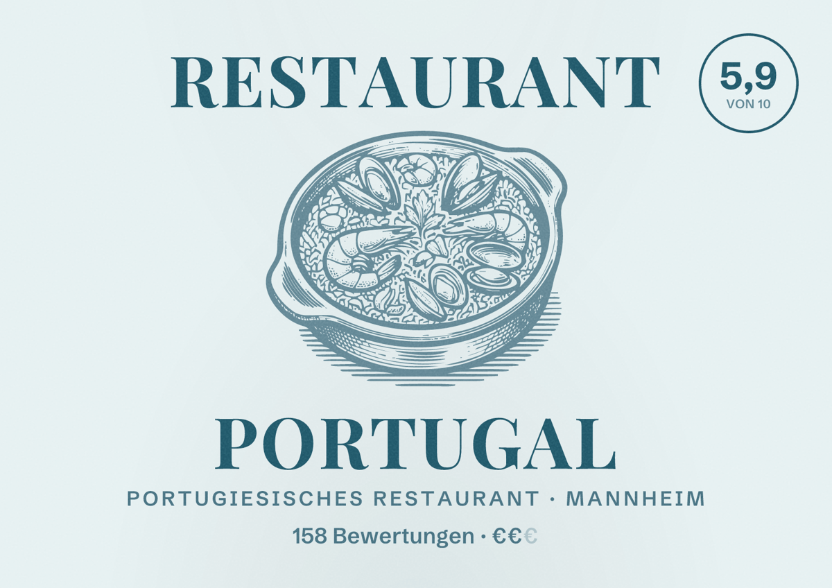 Illustriertes Poster von Restaurant Portugal, Portugiesisches Restaurant in Mannheim: Bewertung 5,9 von 10 aus 158 Bewertungen, Preisniveau €€