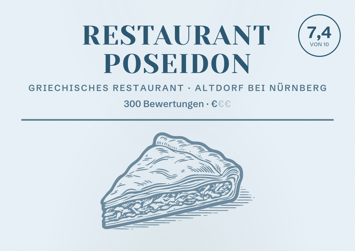 Illustriertes Poster von Restaurant Poseidon, Griechisches Restaurant in Altdorf bei Nürnberg: Bewertung 7,4 von 10 aus 300 Bewertungen, Preisniveau €