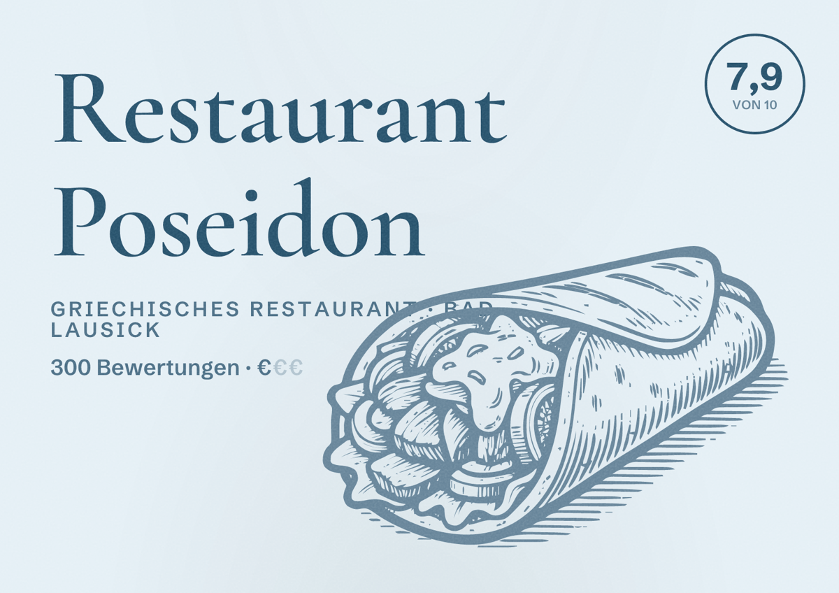Illustriertes Poster von Restaurant Poseidon, Griechisches Restaurant in Bad Lausick: Bewertung 7,9 von 10 aus 300 Bewertungen, Preisniveau €