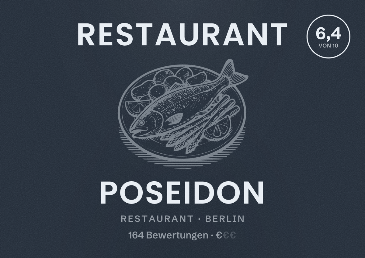 Illustriertes Poster von Restaurant Poseidon, Restaurant in Berlin: Bewertung 6,4 von 10 aus 164 Bewertungen, Preisniveau €