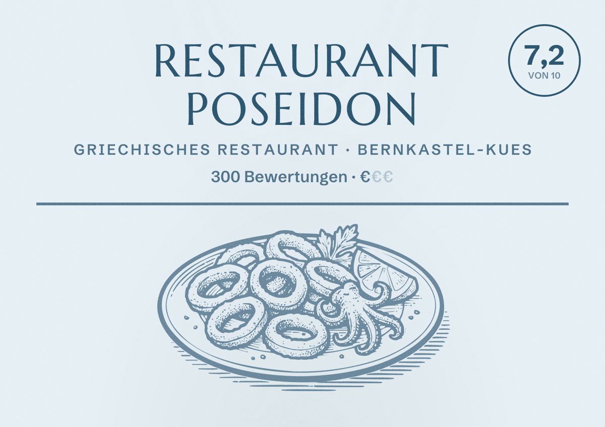 Illustriertes Poster von Restaurant POSEIDON, Griechisches Restaurant in Bernkastel-Kues: Bewertung 7,2 von 10 aus 300 Bewertungen, Preisniveau €