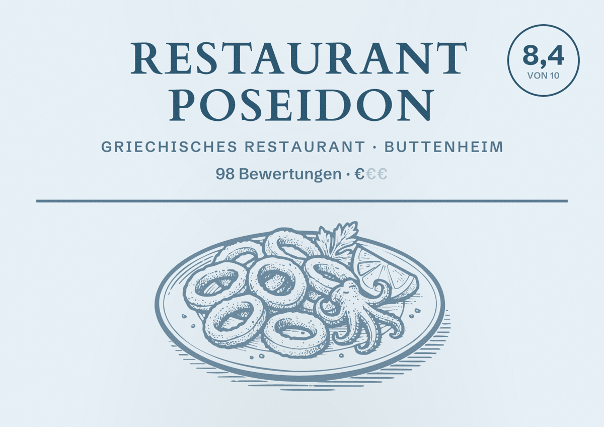 Illustriertes Poster von Restaurant Poseidon, Griechisches Restaurant in Buttenheim: Bewertung 8,4 von 10 aus 98 Bewertungen, Preisniveau €