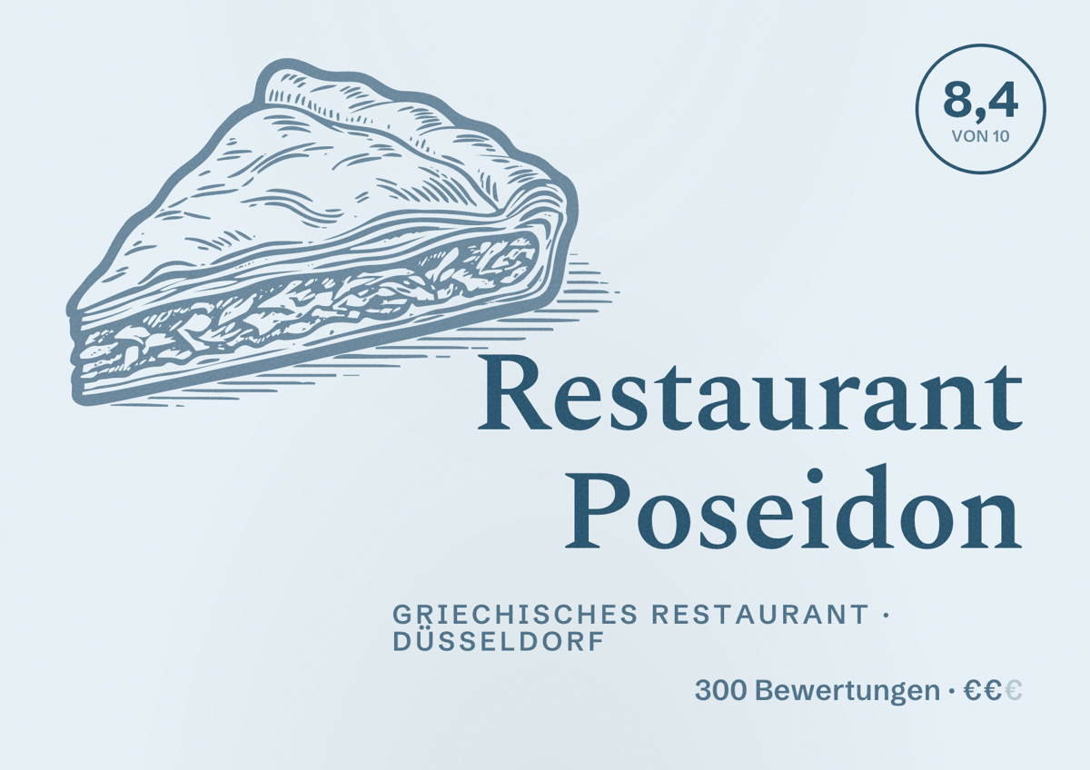 Illustriertes Poster von Restaurant Poseidon, Griechisches Restaurant in Düsseldorf: Bewertung 8,4 von 10 aus 300 Bewertungen, Preisniveau €€