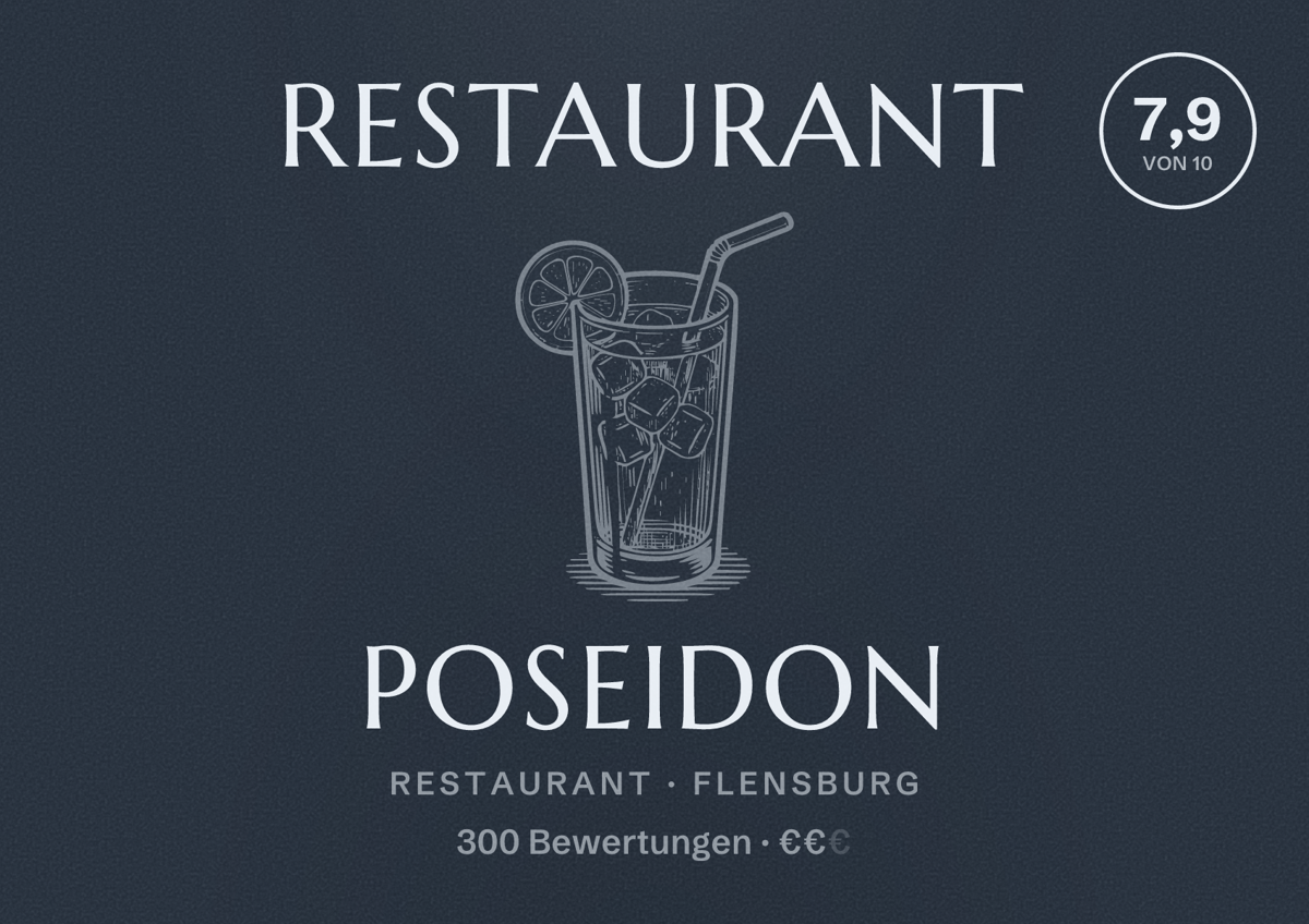 Illustriertes Poster von Restaurant Poseidon, Restaurant in Flensburg: Bewertung 7,9 von 10 aus 300 Bewertungen, Preisniveau €€