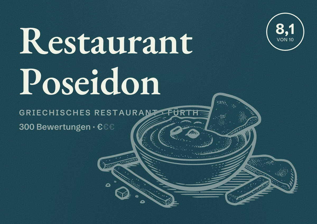 Illustriertes Poster von Restaurant Poseidon, Griechisches Restaurant in Fürth: Bewertung 8,1 von 10 aus 300 Bewertungen, Preisniveau €