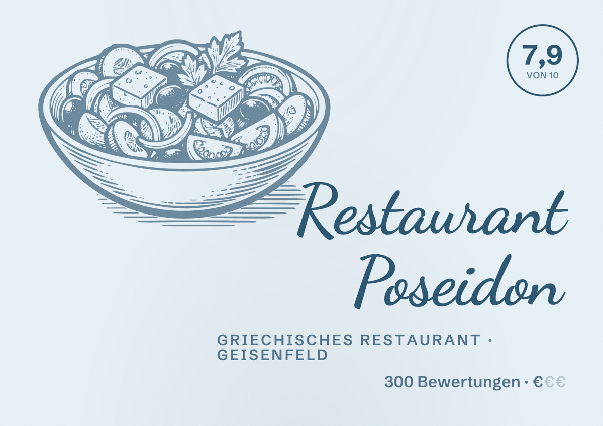 Illustriertes Poster von Restaurant Poseidon, Griechisches Restaurant in Geisenfeld: Bewertung 7,9 von 10 aus 300 Bewertungen, Preisniveau €