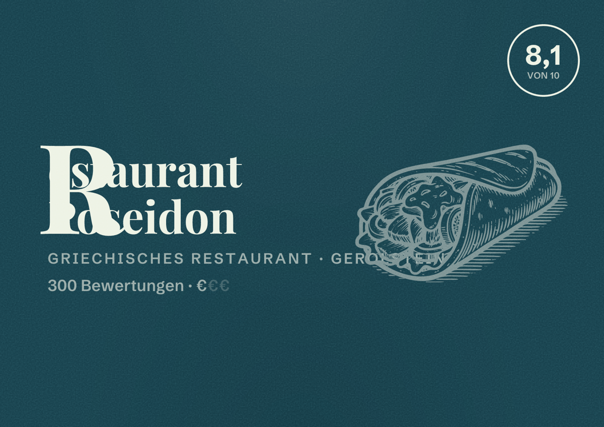 Illustriertes Poster von Restaurant Poseidon, Griechisches Restaurant in Gerolstein: Bewertung 8,1 von 10 aus 300 Bewertungen, Preisniveau €