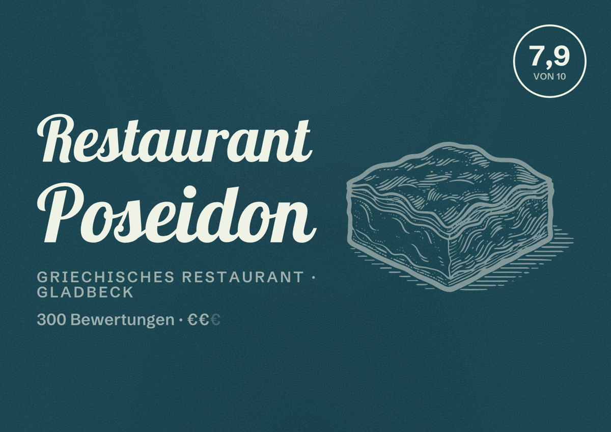 Illustriertes Poster von Restaurant Poseidon, Griechisches Restaurant in Gladbeck: Bewertung 7,9 von 10 aus 300 Bewertungen, Preisniveau €€
