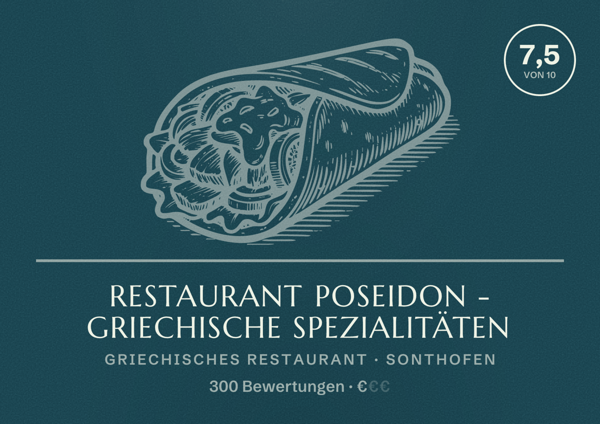 Illustriertes Poster von Restaurant Poseidon - griechische Spezialitäten, Griechisches Restaurant in Sonthofen: Bewertung 7,5 von 10 aus 300 Bewertungen, Preisniveau €