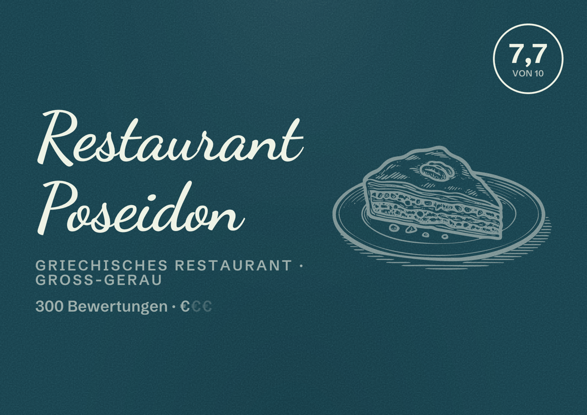 Illustriertes Poster von Restaurant Poseidon, Griechisches Restaurant in Groß-Gerau: Bewertung 7,7 von 10 aus 300 Bewertungen, Preisniveau €
