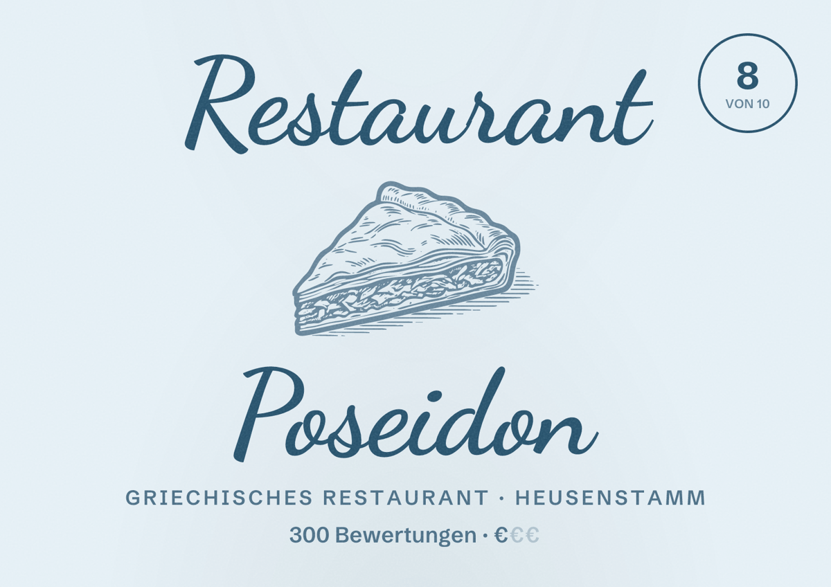 Illustriertes Poster von Restaurant Poseidon, Griechisches Restaurant in Heusenstamm: Bewertung 8 von 10 aus 300 Bewertungen, Preisniveau €