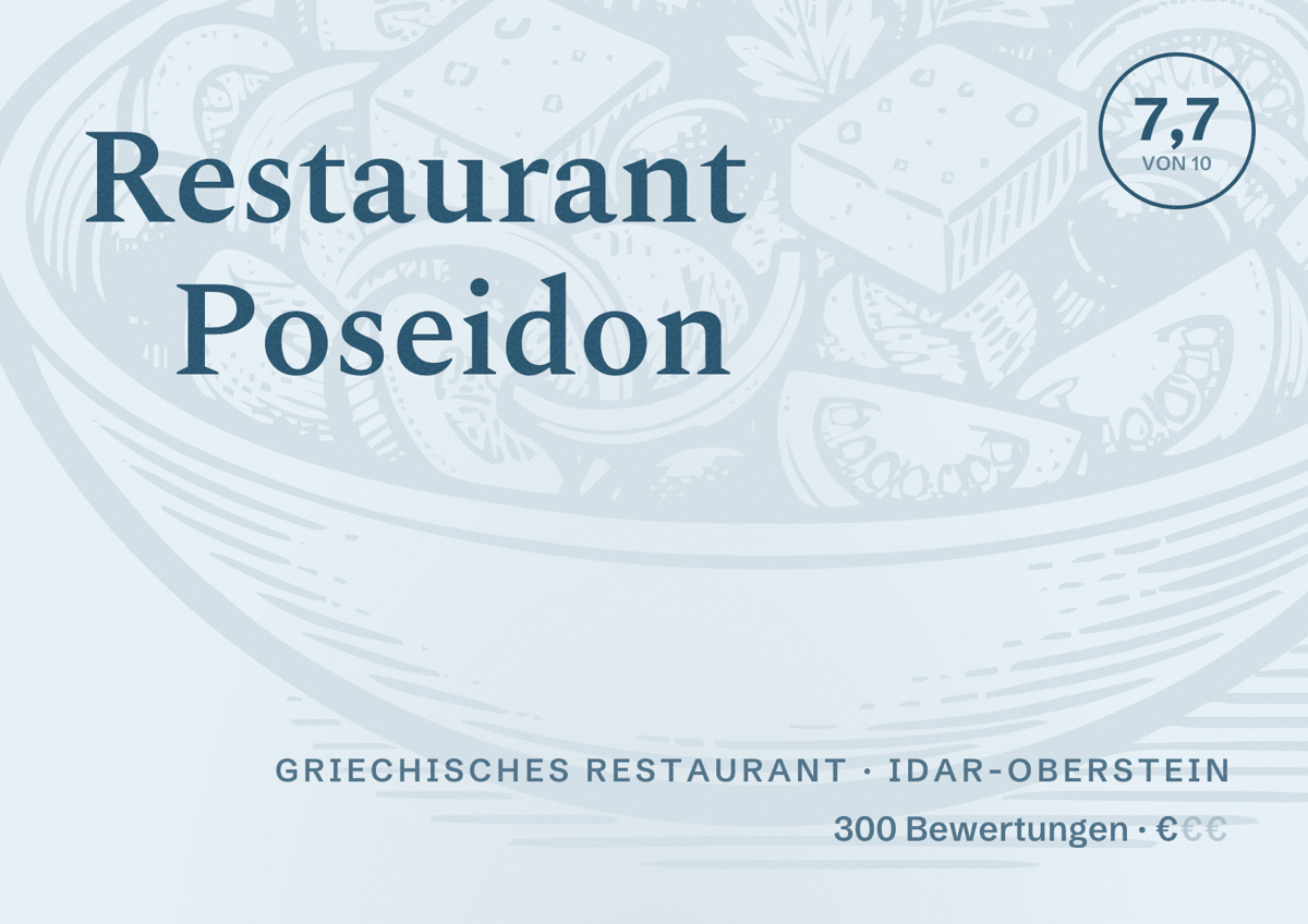Illustriertes Poster von Restaurant Poseidon, Griechisches Restaurant in Idar-Oberstein: Bewertung 7,7 von 10 aus 300 Bewertungen, Preisniveau €