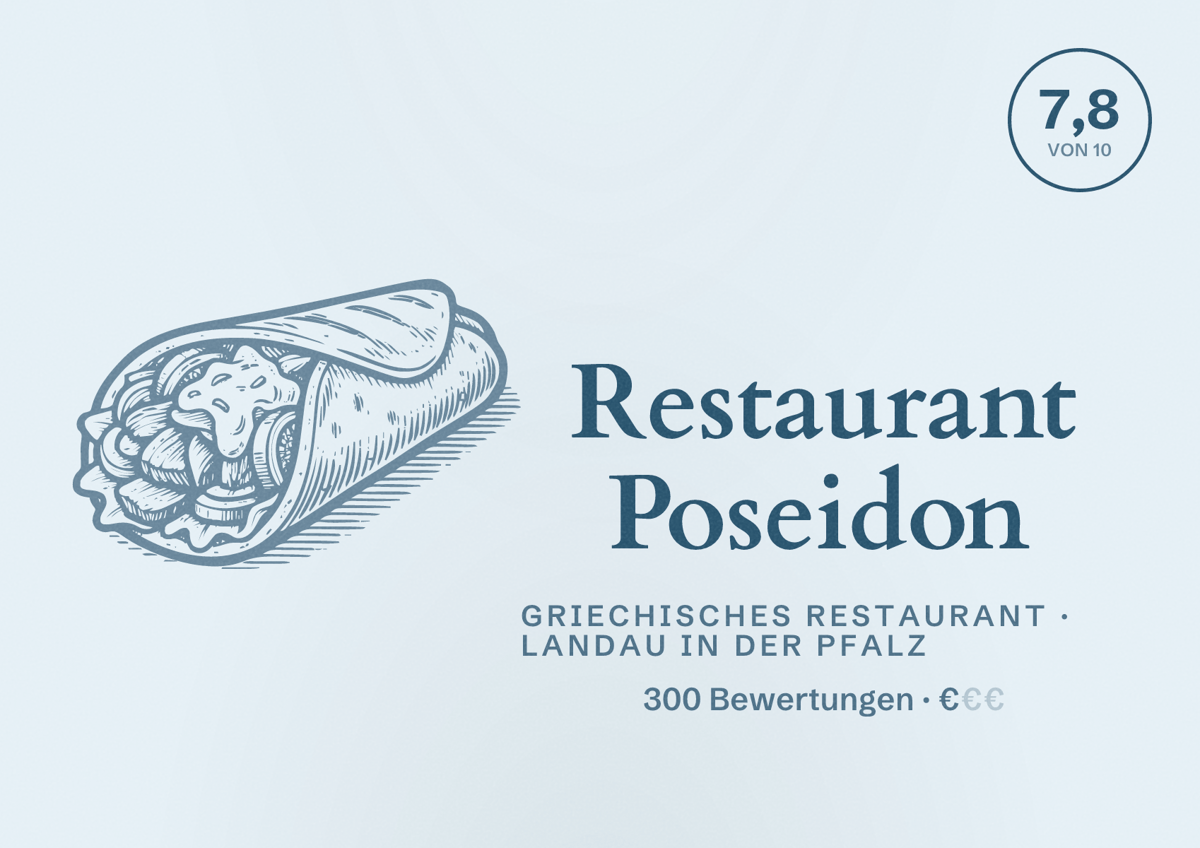 Illustriertes Poster von Restaurant Poseidon, Griechisches Restaurant in Landau in der Pfalz: Bewertung 7,8 von 10 aus 300 Bewertungen, Preisniveau €