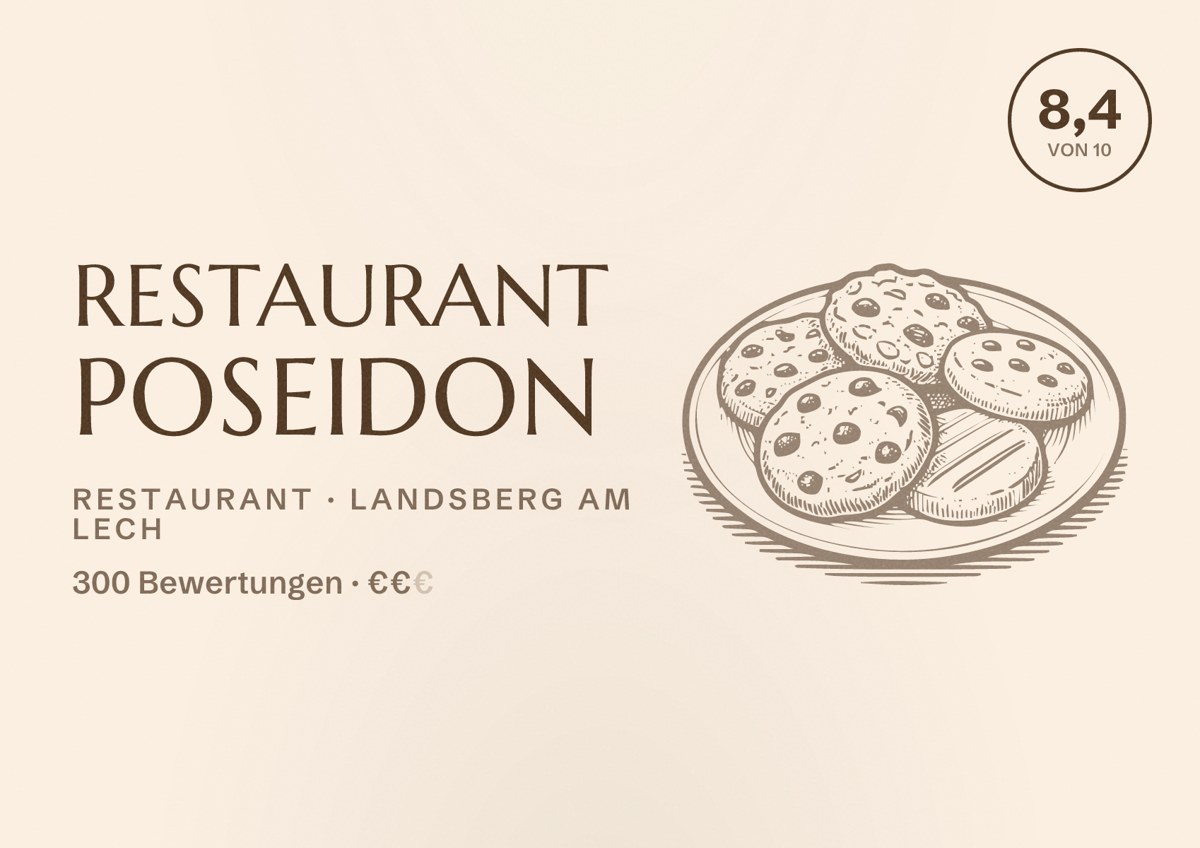Illustriertes Poster von Restaurant Poseidon, Restaurant in Landsberg am Lech: Bewertung 8,4 von 10 aus 300 Bewertungen, Preisniveau €€