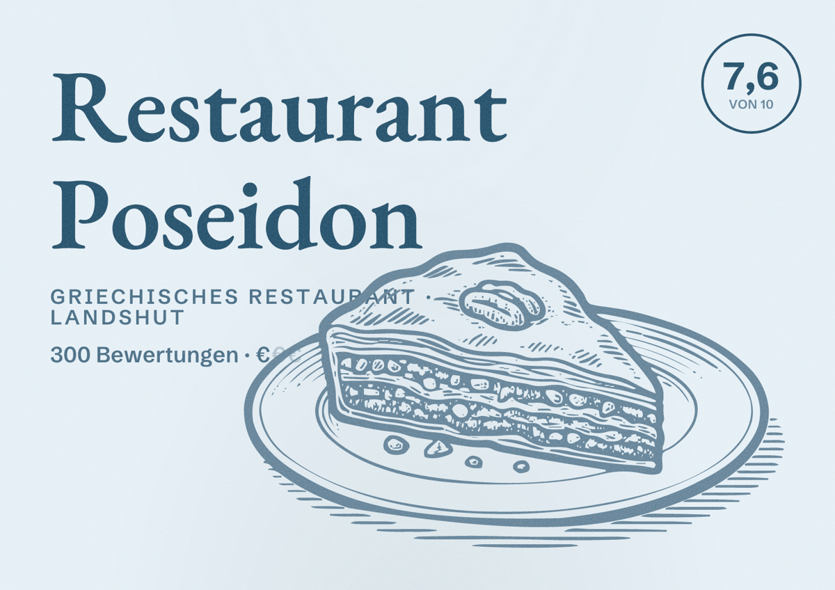 Illustriertes Poster von Restaurant Poseidon, Griechisches Restaurant in Landshut: Bewertung 7,6 von 10 aus 300 Bewertungen, Preisniveau €