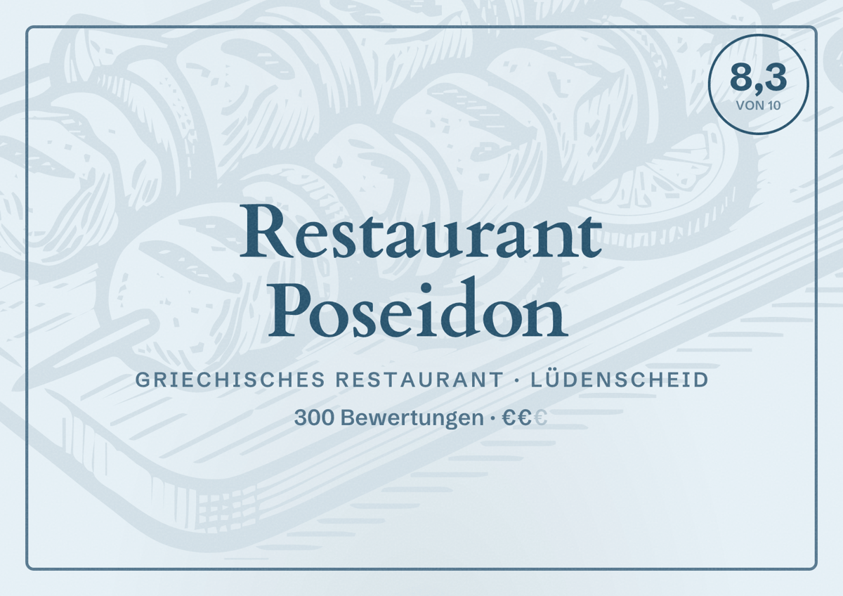 Illustriertes Poster von Restaurant Poseidon, Griechisches Restaurant in Lüdenscheid: Bewertung 8,3 von 10 aus 300 Bewertungen, Preisniveau €€