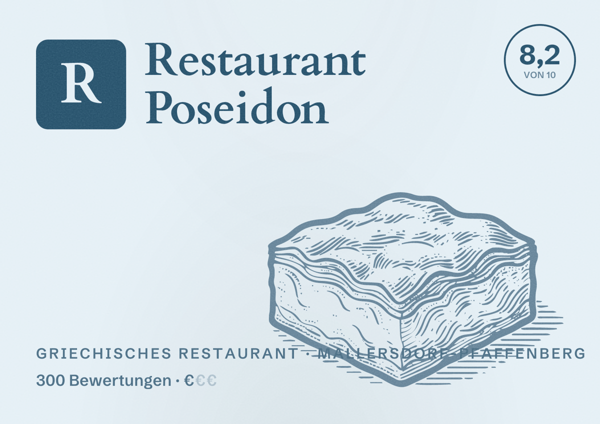 Illustriertes Poster von Restaurant Poseidon, Griechisches Restaurant in Mallersdorf-Pfaffenberg: Bewertung 8,2 von 10 aus 300 Bewertungen, Preisniveau €