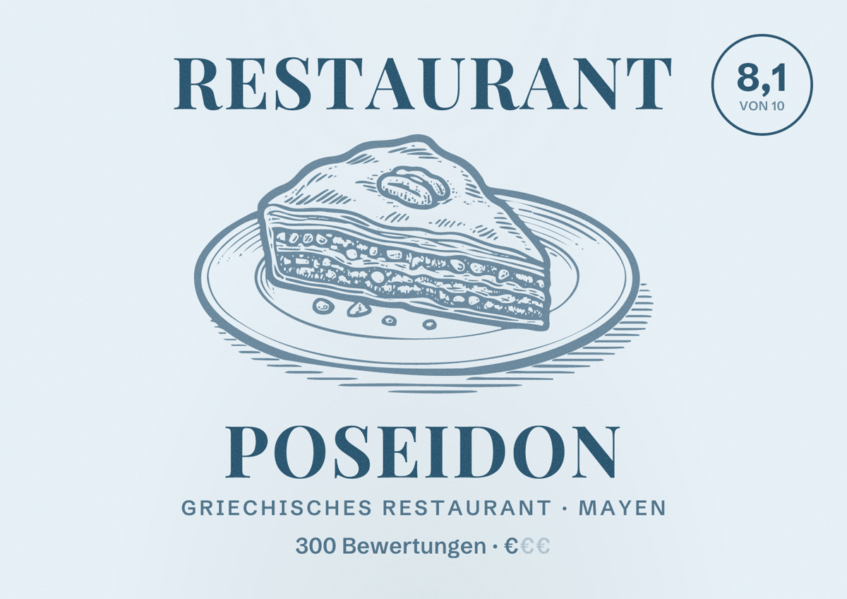 Illustriertes Poster von Restaurant Poseidon, Griechisches Restaurant in Mayen: Bewertung 8,1 von 10 aus 300 Bewertungen, Preisniveau €