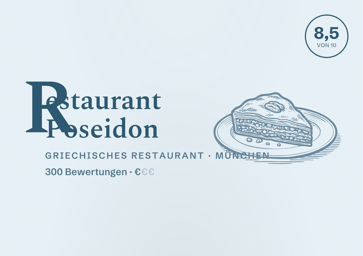 Illustriertes Poster von Restaurant Poseidon, Griechisches Restaurant in München: Bewertung 8,5 von 10 aus 300 Bewertungen, Preisniveau €