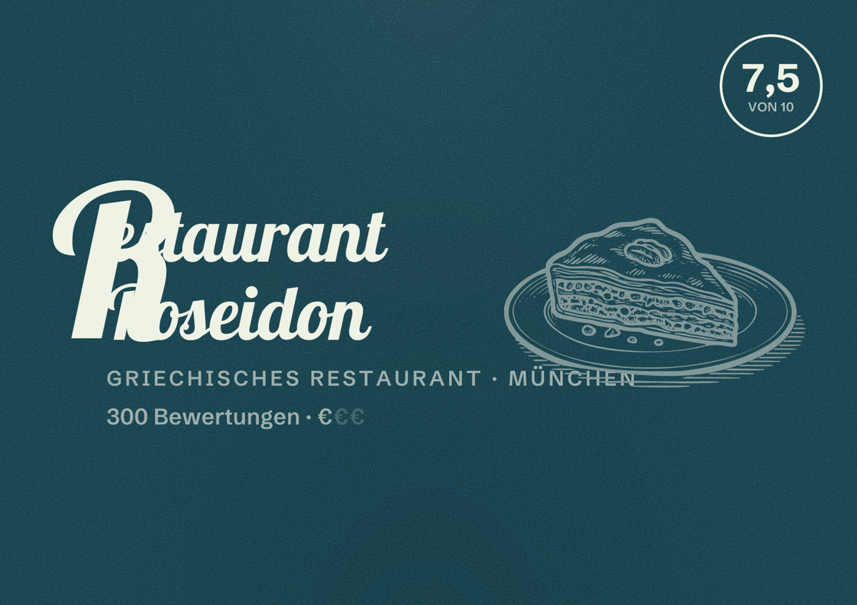 Illustriertes Poster von Restaurant Poseidon, Griechisches Restaurant in München: Bewertung 7,5 von 10 aus 300 Bewertungen, Preisniveau €