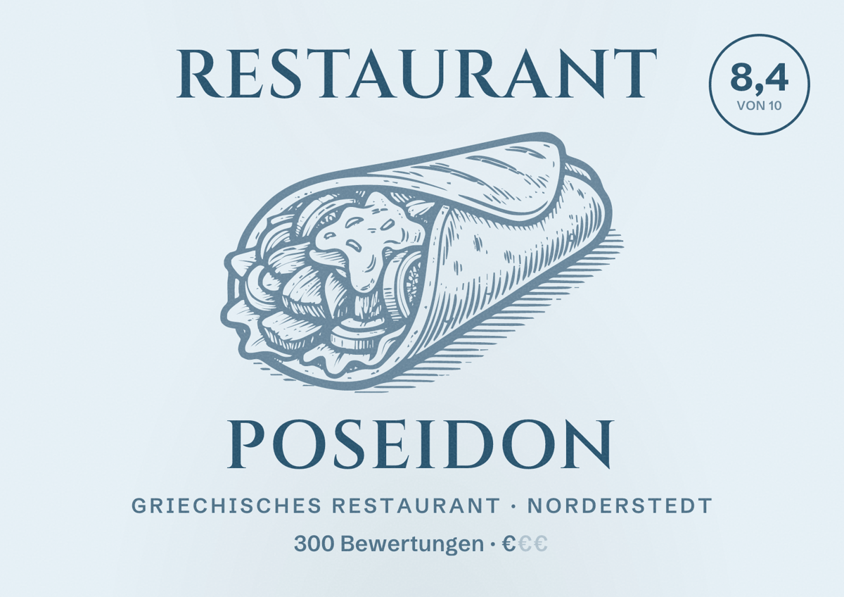 Illustriertes Poster von Restaurant Poseidon, Griechisches Restaurant in Norderstedt: Bewertung 8,4 von 10 aus 300 Bewertungen, Preisniveau €