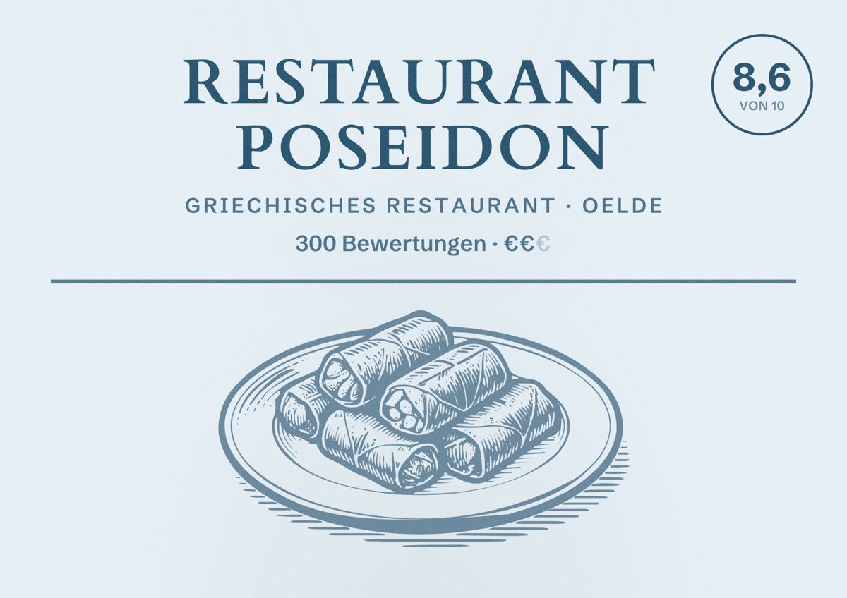 Illustriertes Poster von Restaurant Poseidon, Griechisches Restaurant in Oelde: Bewertung 8,6 von 10 aus 300 Bewertungen, Preisniveau €€