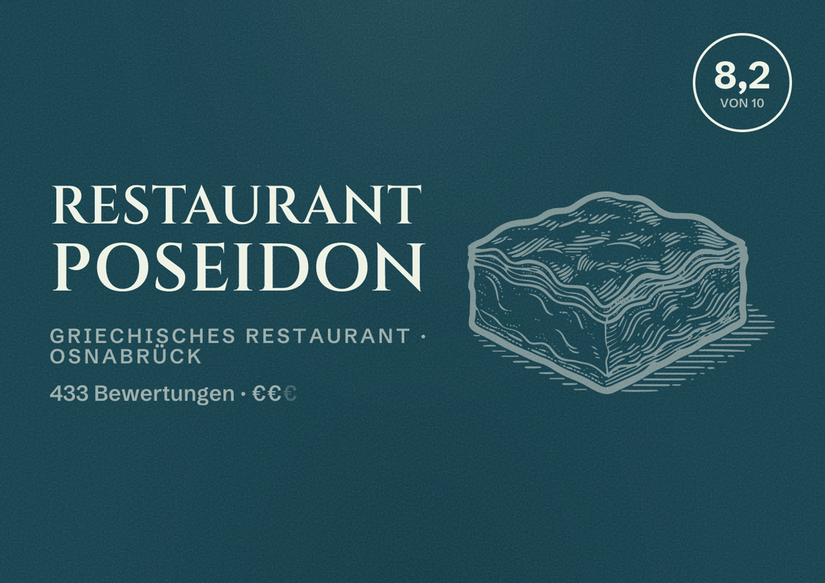 Illustriertes Poster von Restaurant Poseidon, Griechisches Restaurant in Osnabrück: Bewertung 8,2 von 10 aus 433 Bewertungen, Preisniveau €€